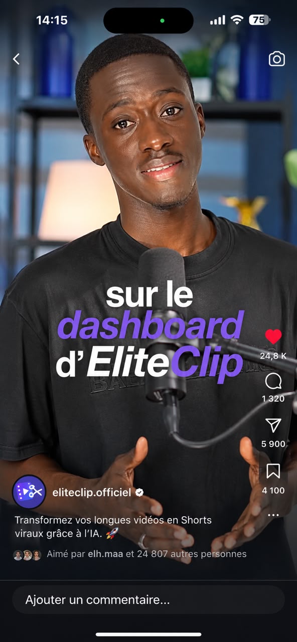 Un short EliteClip sur Instagram : « sur le dashboard d'EliteClip »